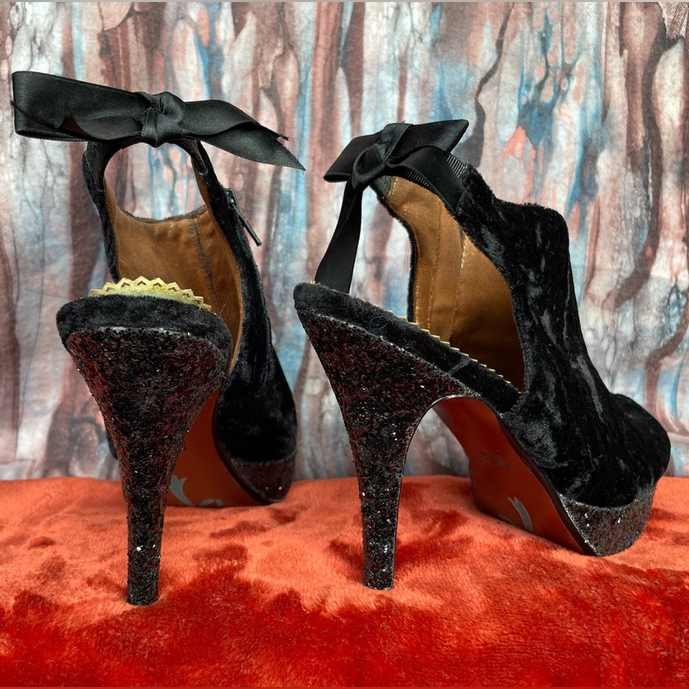 Black velour and glitter open toe heeled booties